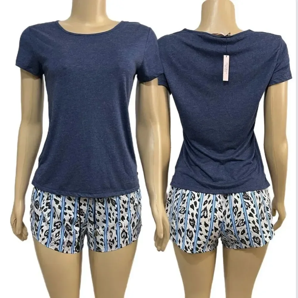Victoria’s Secret Soft short sleeve top & animal print shorts pajama Set blue Xs